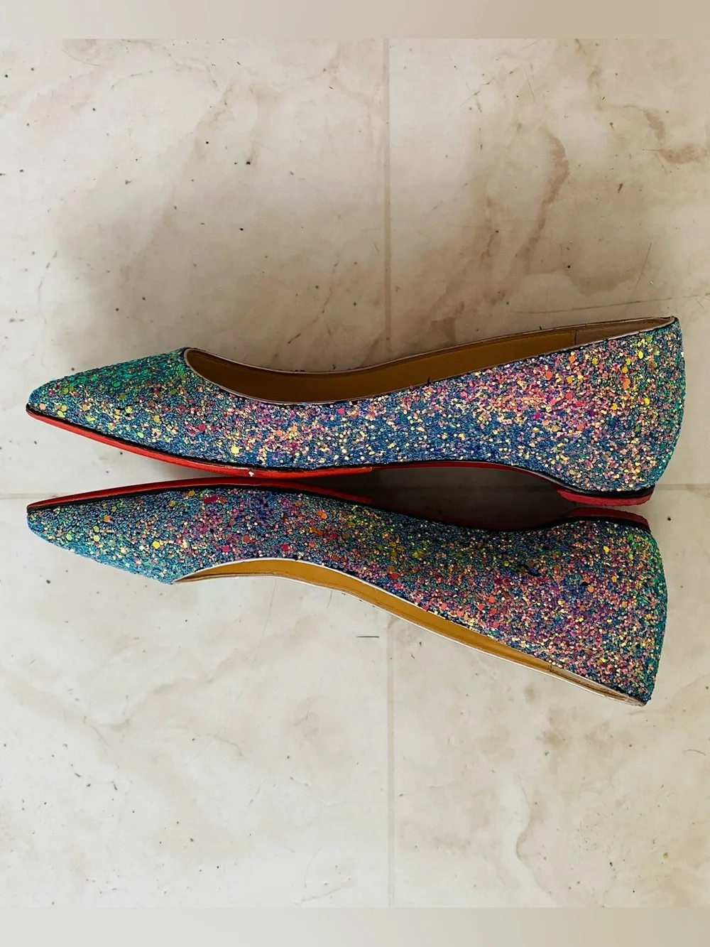 Christian Louboutin Kate Multicolor Blue Glitter Pointed Toe Ballet Flats Sz 6.5